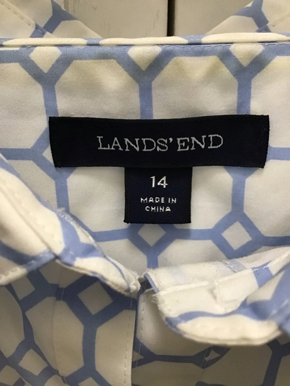 Lands' End Women's White Button-Down Shirt with Light Blue Geometric Pattern - Picture 2 of 5